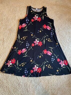 Old Navy Black Floral Mini Dress with Pink & Red Blooms
